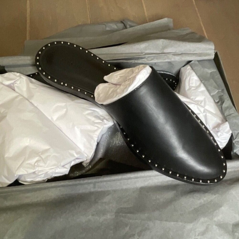 AllSaints Rick Black Leather Microstud Flat Mules, US 9, NIB